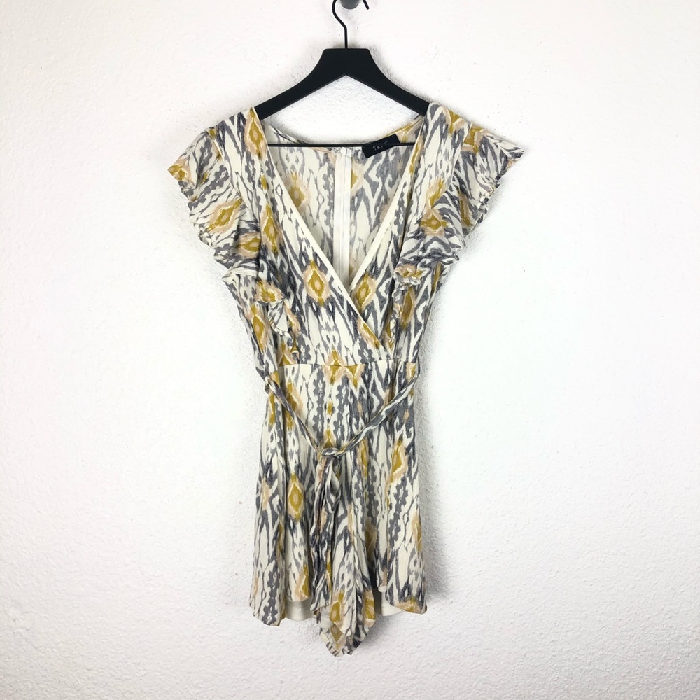 Trac Wrap Romper Ikat Print Yellow Gray Ruffles